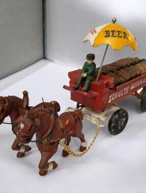 Cast Iron Painted Vintage Schultz Beer & Ale Wagon, Horses & Barrels